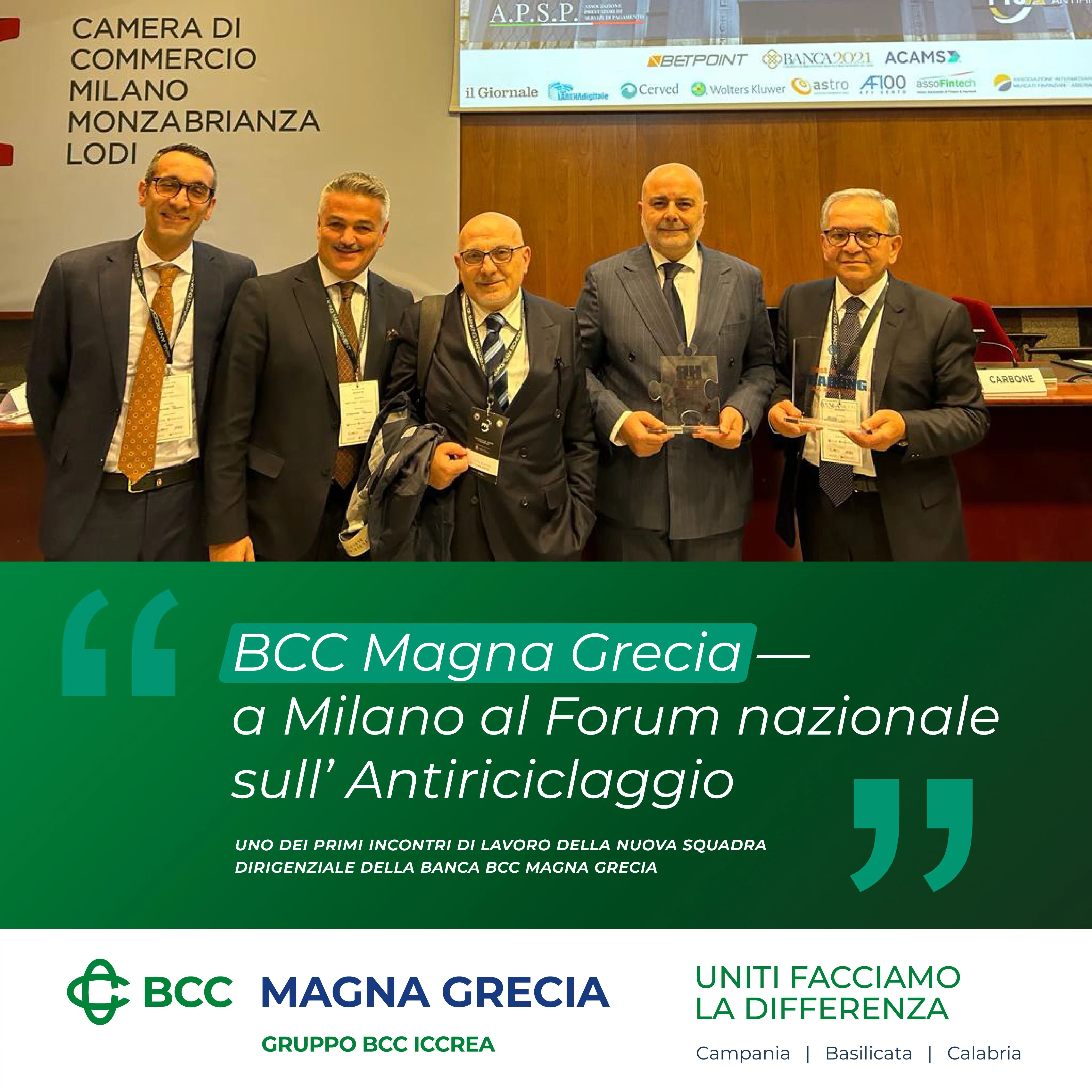 La governance BCC Magna Grecia a Milano in occasione del Forum nazionale sull’Antiriciclaggio